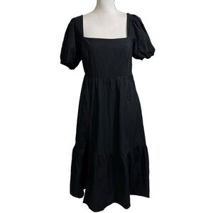 Astr The Label Large Square Neck Black Poplin Tiered Side Slit Smocked Dress